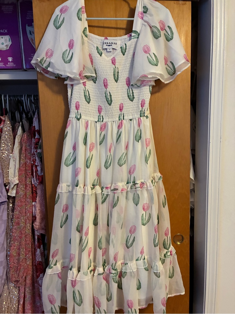 JessaKae White Maxi Dress with Pink Tulip Print